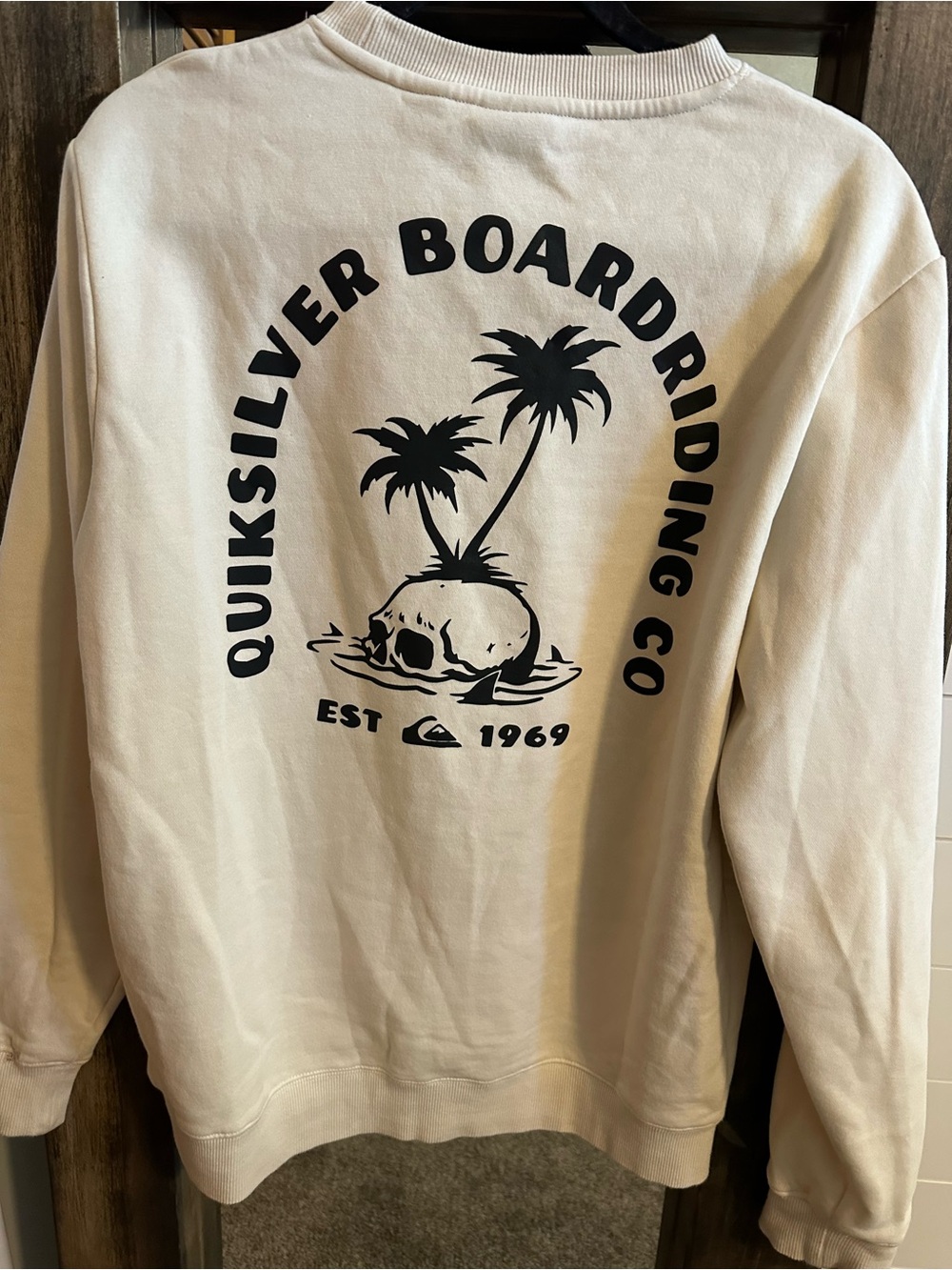 Quiksilver Cream Graphic Crewneck Sweatshirt Skull Palm Tree Surf M Y2K Skater